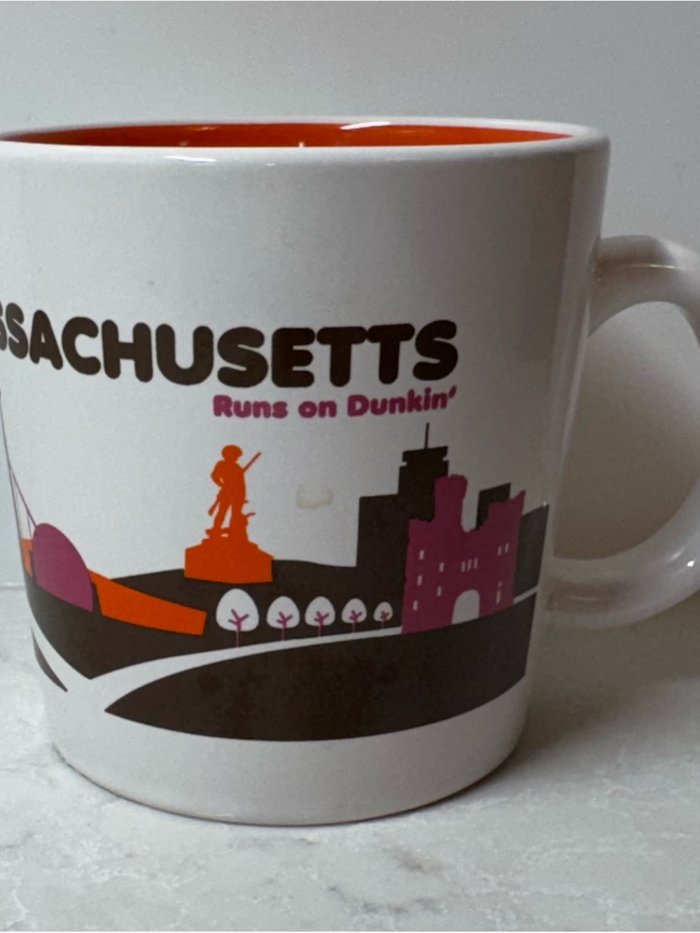 Massachusetts Runs on Dunkin' Ceramic Mug - White with Orange & Pink Accents